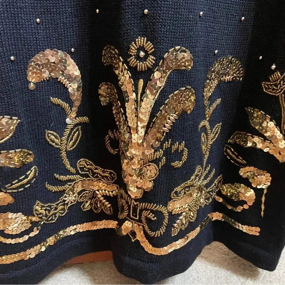 Viki International 90s Black Gold Knit Tunic Sequin Medium Sweater shoulder pads - Picture 2 of 4